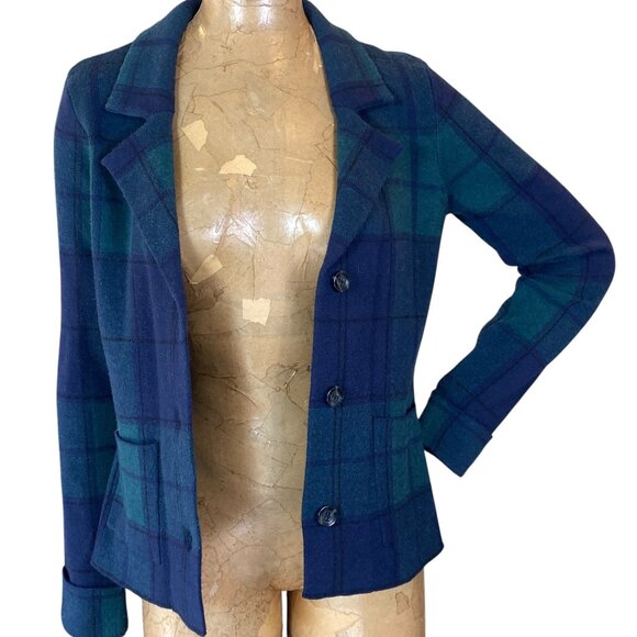 Tahari Jacket Cardigan Knit Blazer Plaid Sz M Blue & Green #178E - Picture 3 of 7